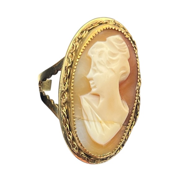 12k gold filled large oval carved Cameo lady adjustable band vintage ring 9.5